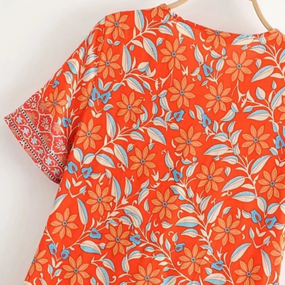 Orange Button Up Boho Floral Gypsy Print Dress - Picture 8 of 9